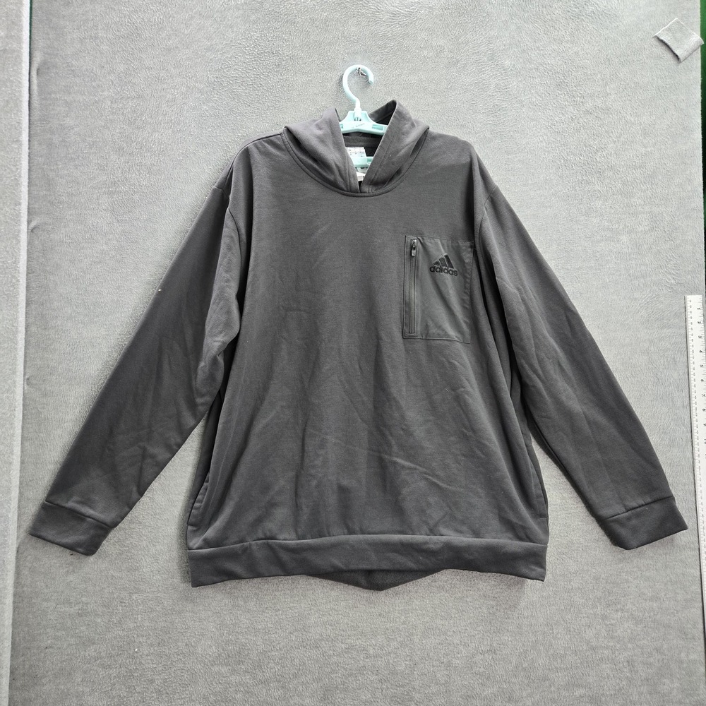 Adidas Men Sweatshirt 2XL Gray Fleece Activewear Hoodie Logo Zip Pocket Pullover